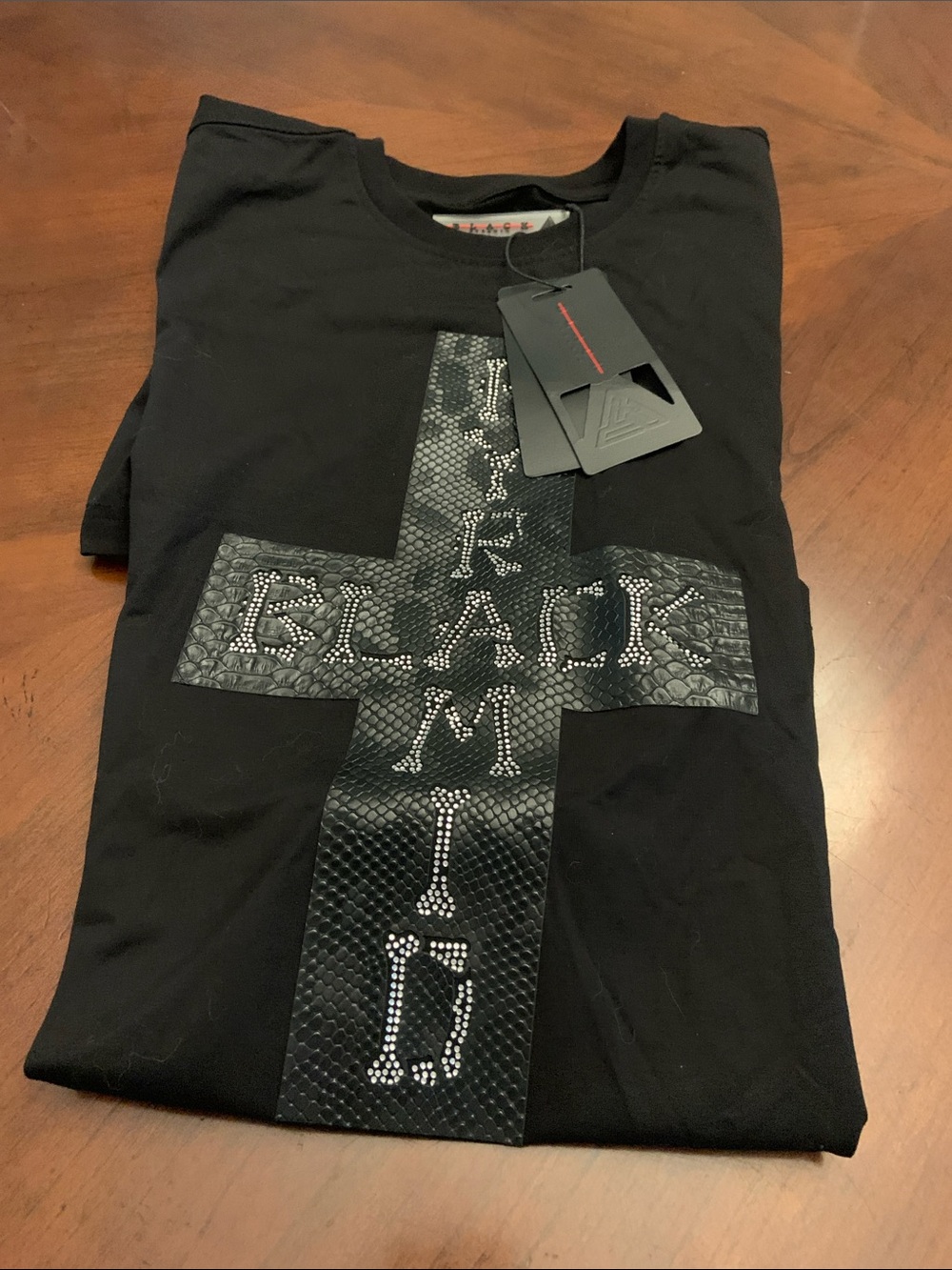 Black Pyramid Black Short Sleeve Tee with Embossed Cross & Stud Detail